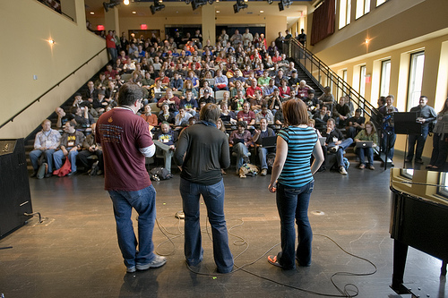 BarCamp's organizers address attendees in the morning.