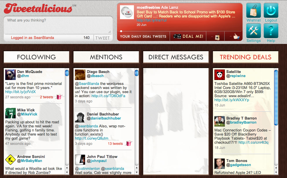 A screen shot from the Tweetaclious dashboard