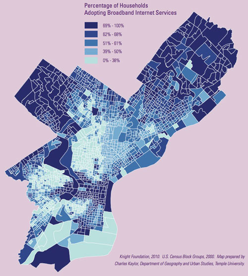 A map of broadband adoption in Philadelphia prepared by Temple University researcher Charles Kaylor for the Philadelphia 2035 comprehensive plan.