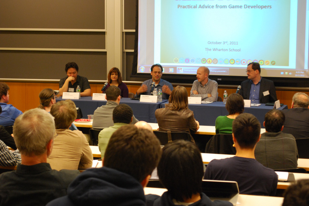 Frank Lee (Drexel Game Program), Margaret Wallace (Playmatics), Ethan Mollick (Wharton Management Department), Jesper Juul (NYU) and Eric Goldberg (Crossover Technologies) made up the discussion panel at the first Gamification event at UPenn's Wharton School on October 3. The panel talked about the issue of gamification and what it means for the future of businesses.
