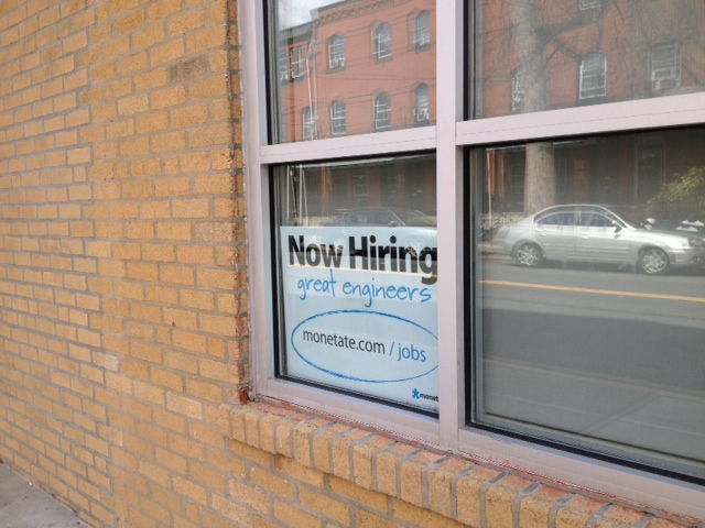 First Round Capital has this 'Now Hiring' sign for its portfolio company Monetate.