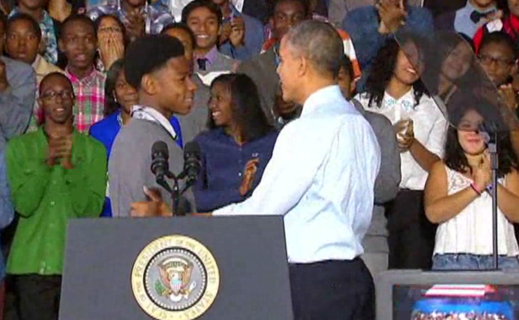 President Obama greets Radcliffe Saddler at P-TECH