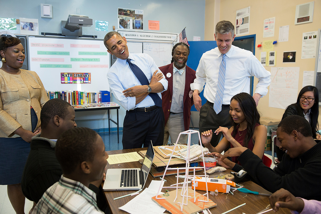 President Barack Obama and Education Secretary Arne Duncan visit a classroom at the Pathways in Technology Early College High School (P-TECH) in Brooklyn, Oct. 25, 2013.