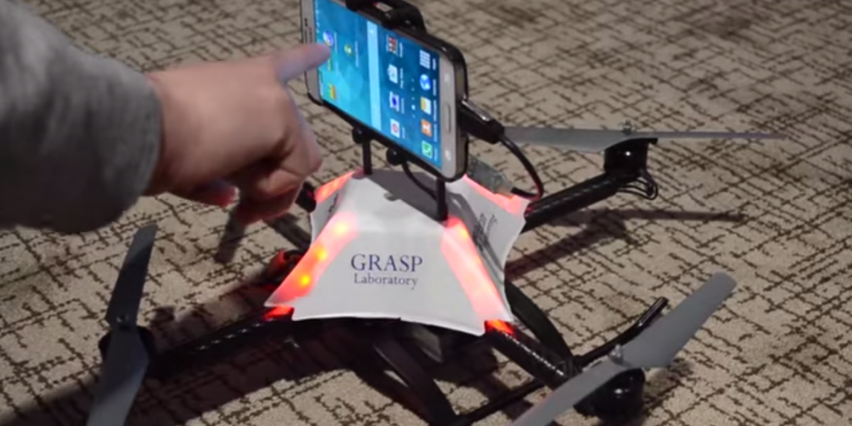 GRASP Lab's smartphone-controlled drone prepares to take flight at CES 2015.