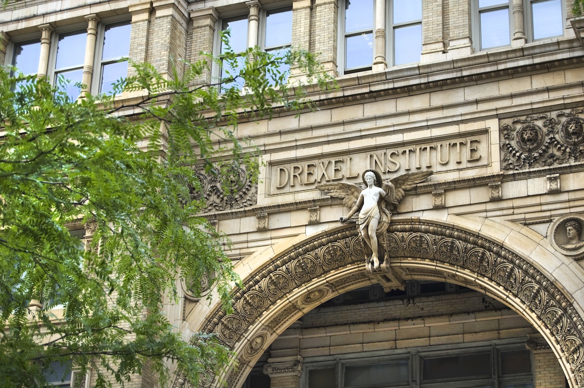 The front of a stone building on Drexel's campus.
