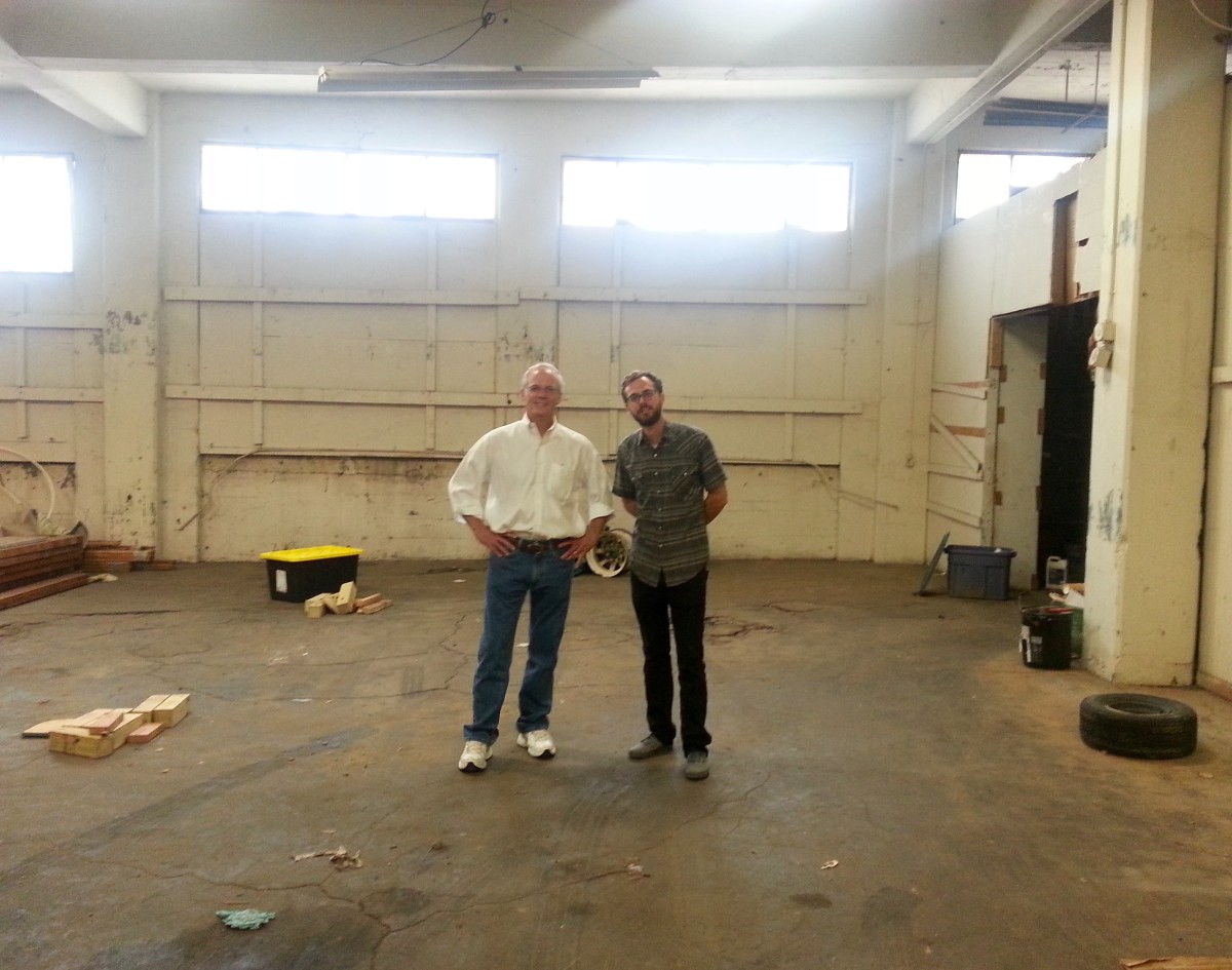 Mac Maclure, left, and Will Holman inside the future site of Open Works.