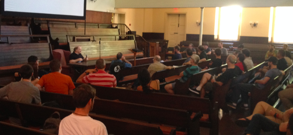 Eric S. Raymond speaks at FOSSCON 2015 inside the Philadelphia Friends Center meeting room, Aug. 22, 2015.