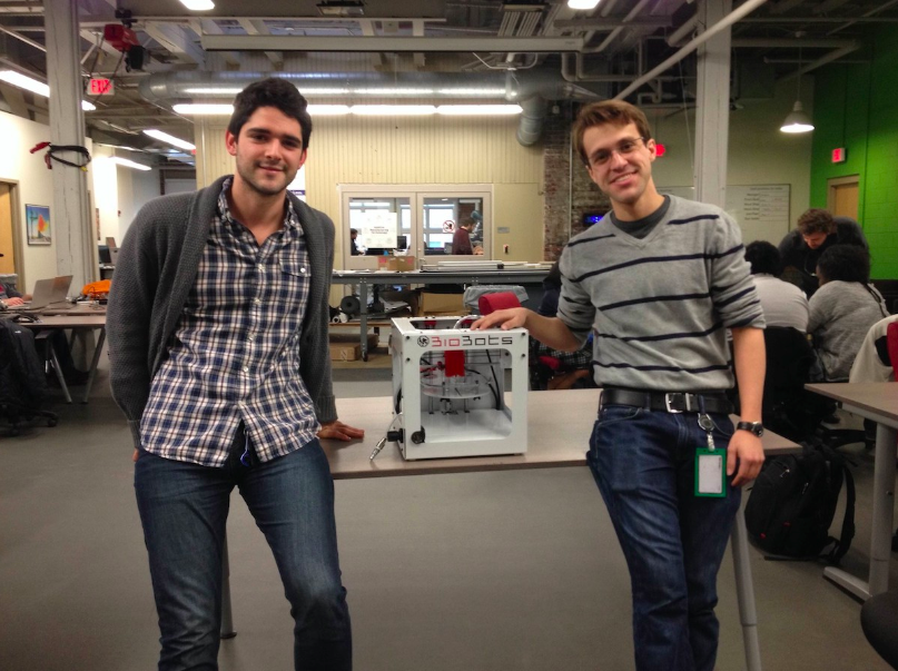 BioBots cofounders Danny Cabrera (left) and Ricardo Solorzano and their bioprinter at NextFab, the company's former HQ.