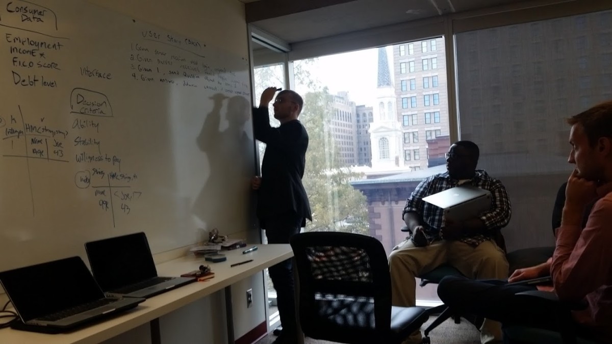 The team of Zip Code students brainstorms in the confines of the breakout room.