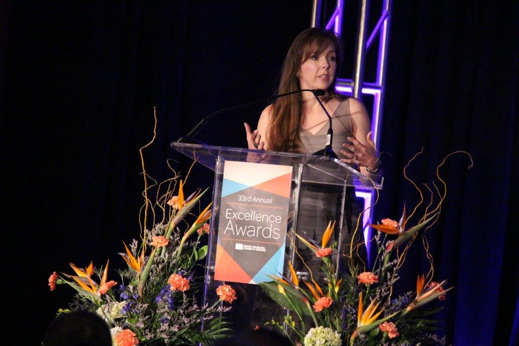 Felicite Moorman, CEO of BuLogics, accepts the Chamber's Technological Excellence of the Year award.