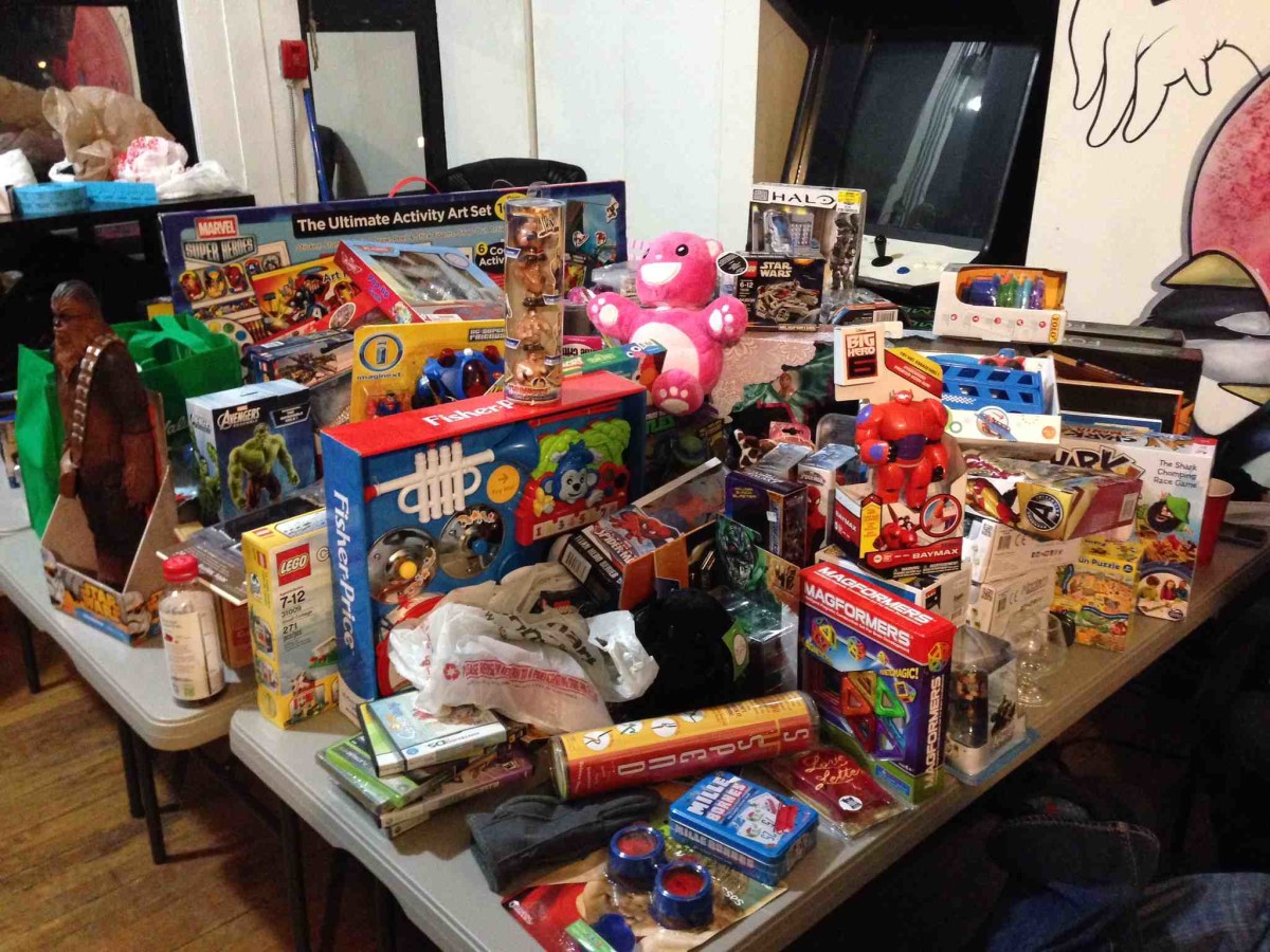 The gift haul for patients at the Children's Hospital of Philadelphia from last year's Philly Game Forge Holiday Social.