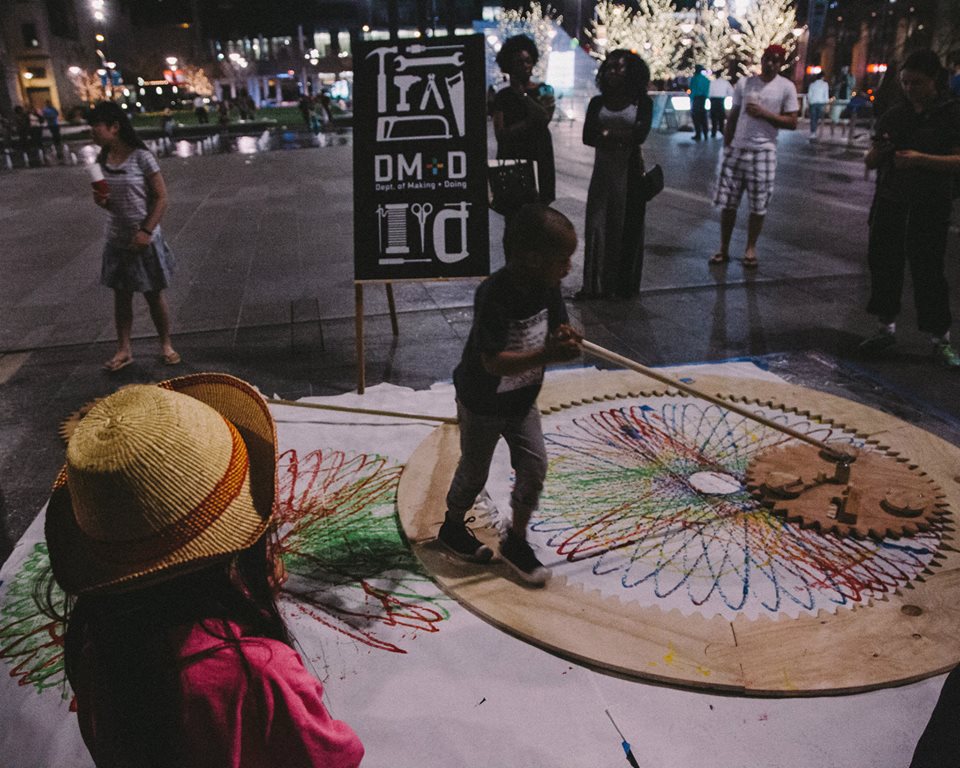The Department of Making + Doing's enormous spirograph at the Philly Tech Week 2015 kickoff event.