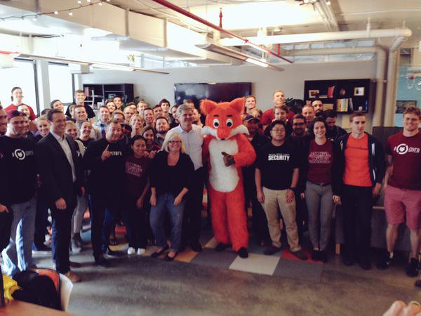 Members of the ZeroFOX team (and the company's mascot) pose with investor Steve Case, September 2015.