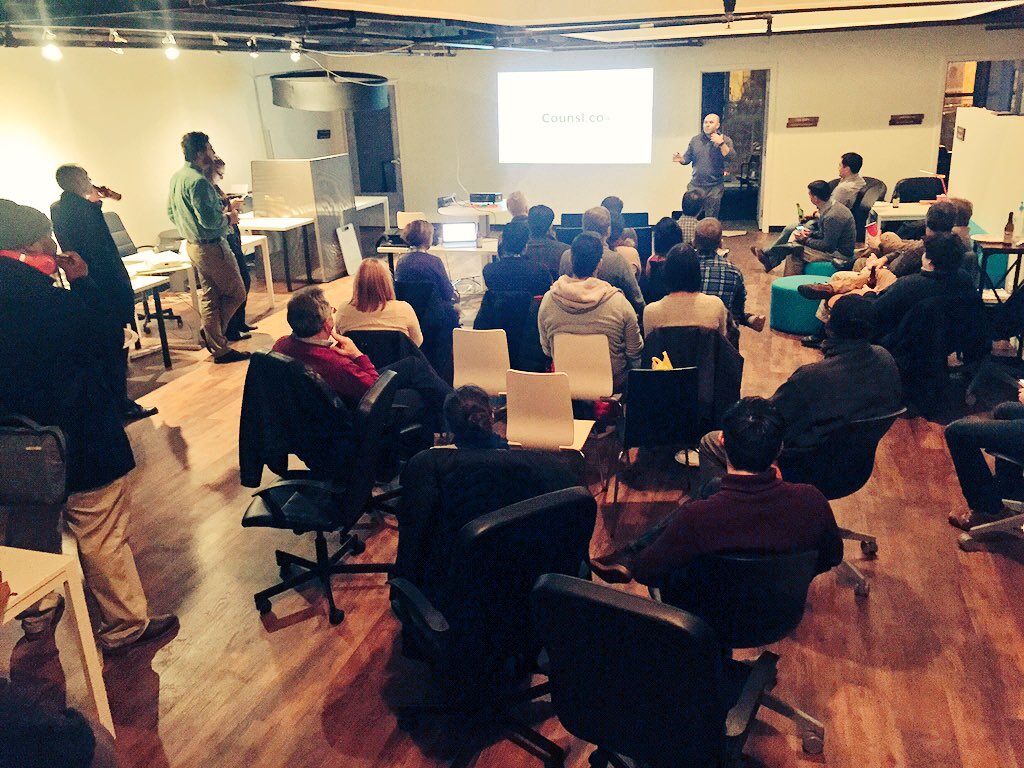 JC Glancy talks about Counsl at January's Delaware Tech Meetup at the coIN Loft.