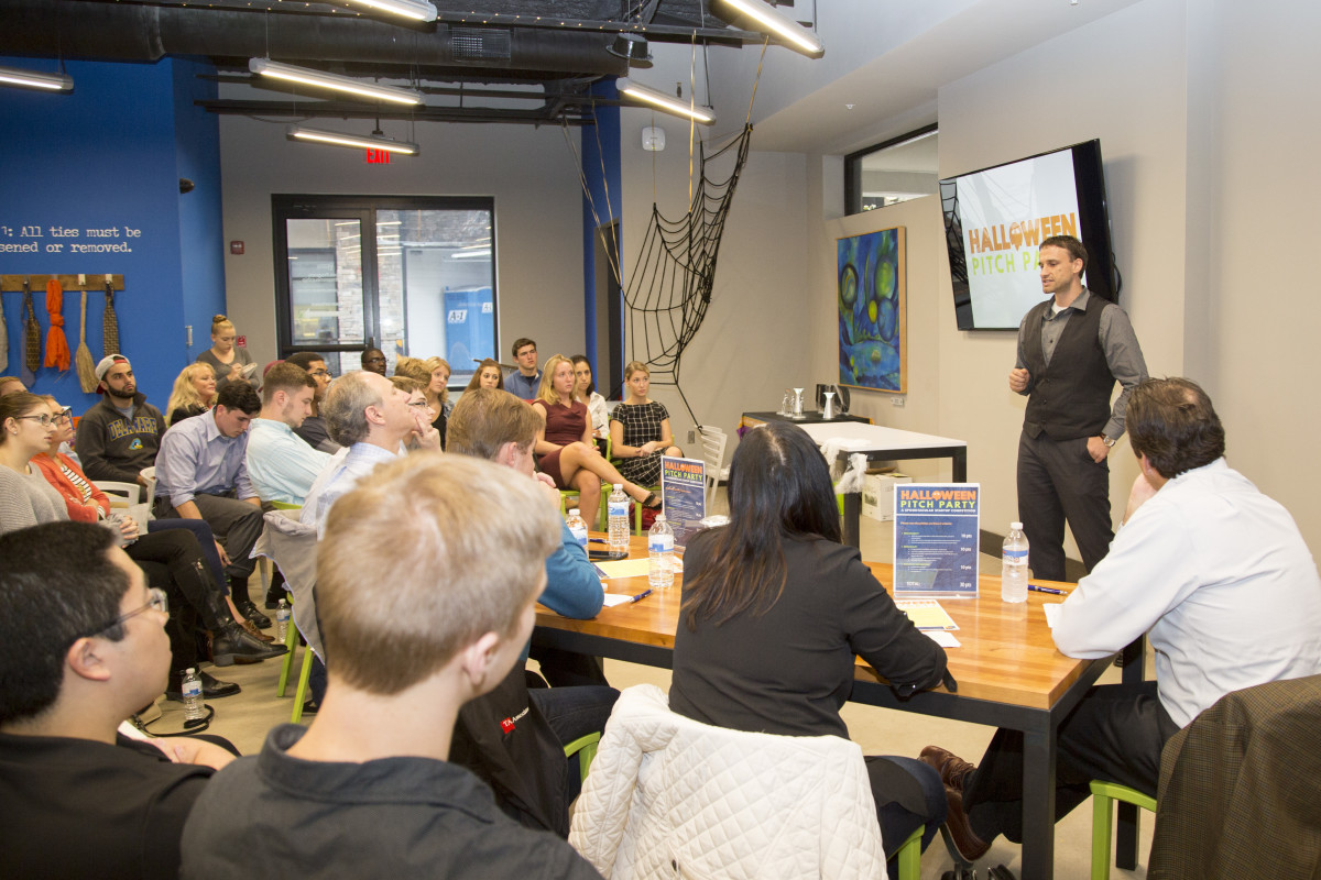 University of Delaware students gather for a Halloween pitch party at the Horn Center for Entrepreneurship.
