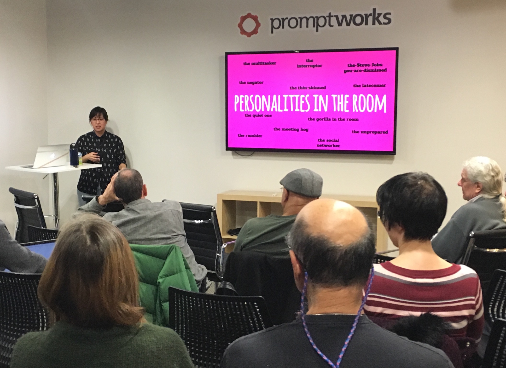 Yvonne Chen speaks at a meetup at PromptWorks' office.