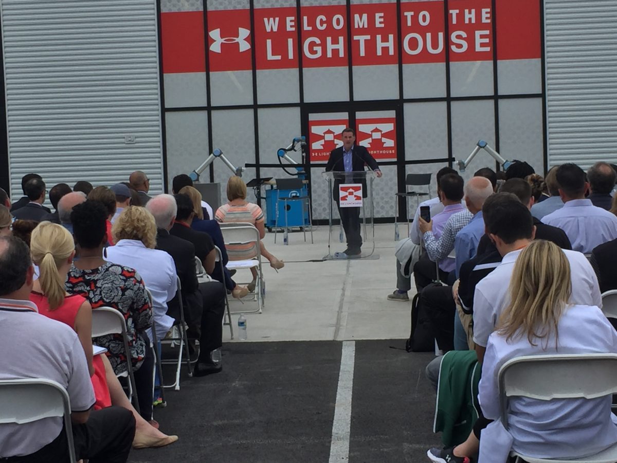 Kevin Plank speaks outside The Lighthouse.