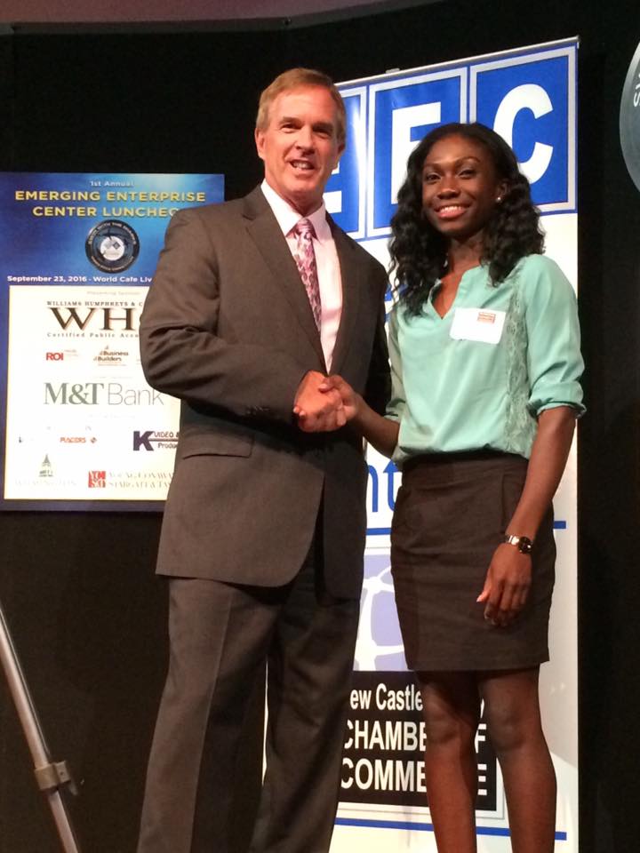 Amira Idris, Founder of Vibrating Therapeutic Apparel, with NCCCC President Mark Kleinschmidt at 2016 EEC luncheon.
