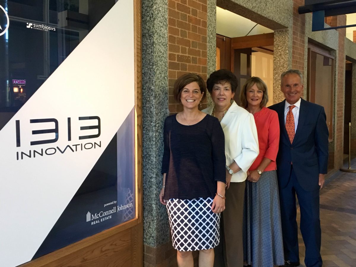 Left to right: Erin McNichol, Carolyn Zogby and Cathie Field Lloyd of Ursuline Academy with Paul McConnell of 1313 Innovation.