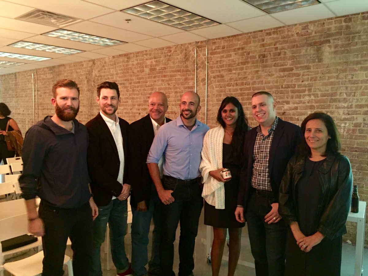 Chitra Agrawal, third from right, relishes her victory at the Sept. 29 Make It In Brooklyn pitch competition. (Photo by Tyler Woods)