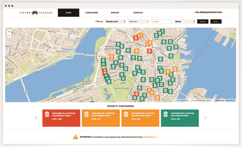 A map of Victor Stanley's smart trashcans in Boston, the city that first piloted them.