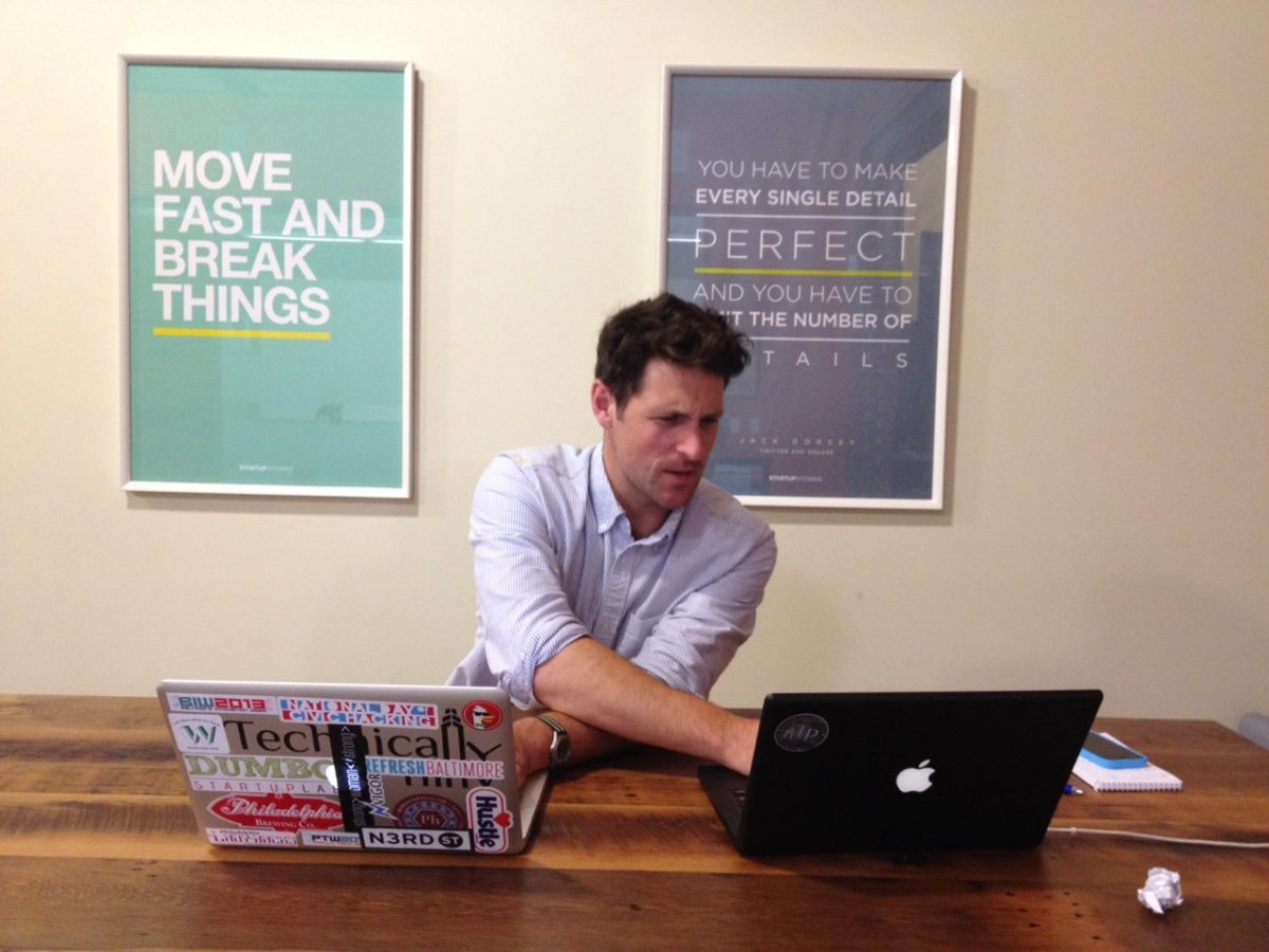 Technical.ly Editor-in-Chief Zack Seward in his usual working position.