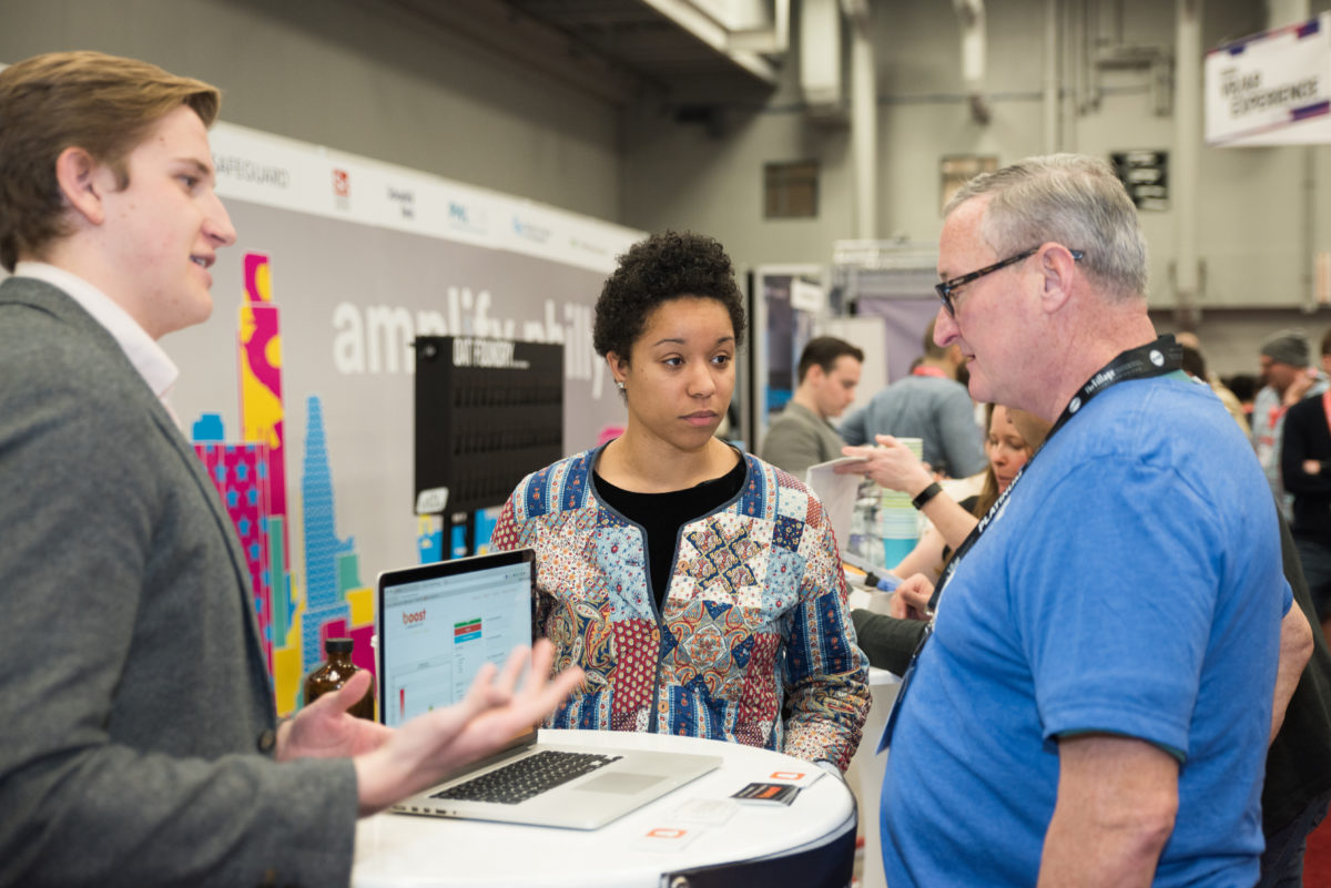 Mayor Kenney trying out Boost Linguistics' platform.