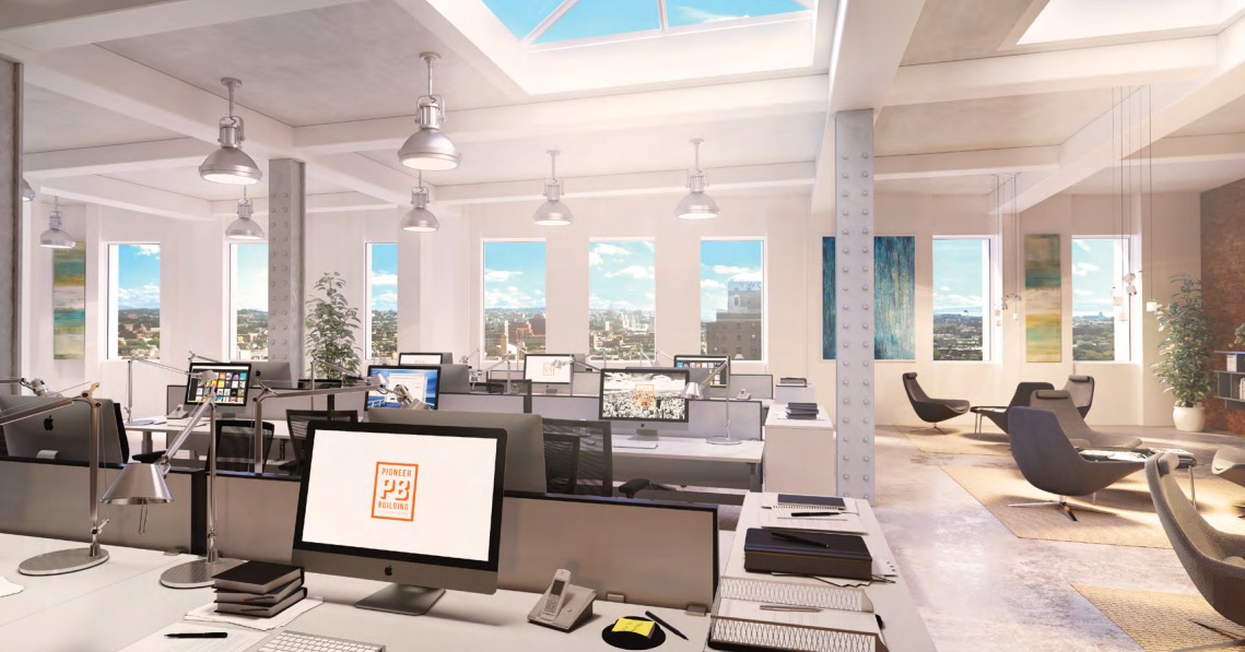 A rendering of the inside of Gimlet's new offices at 41 Flatbush Ave.