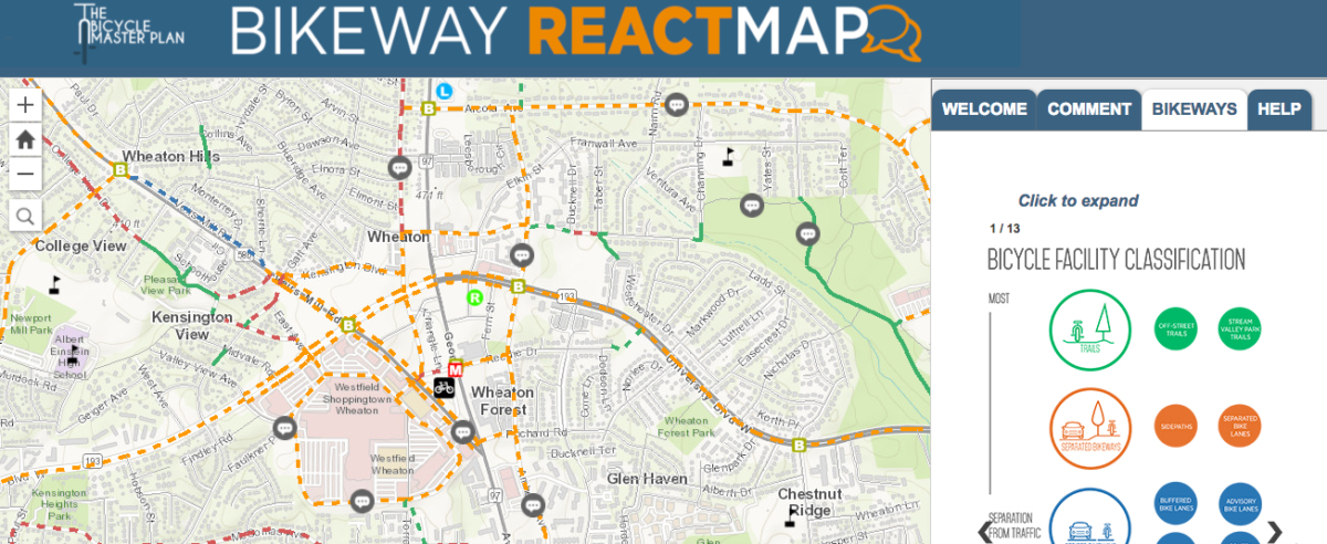 A look at Montgomery County's Bikeway React Map.