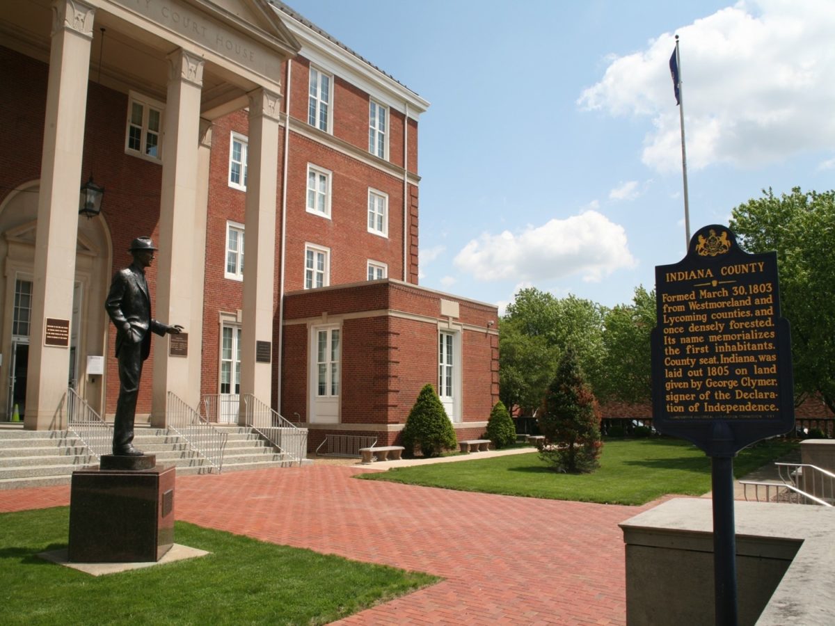 The statue of hometown hero Jimmy Stewart greets visitors to the Indiana County Courthouse.