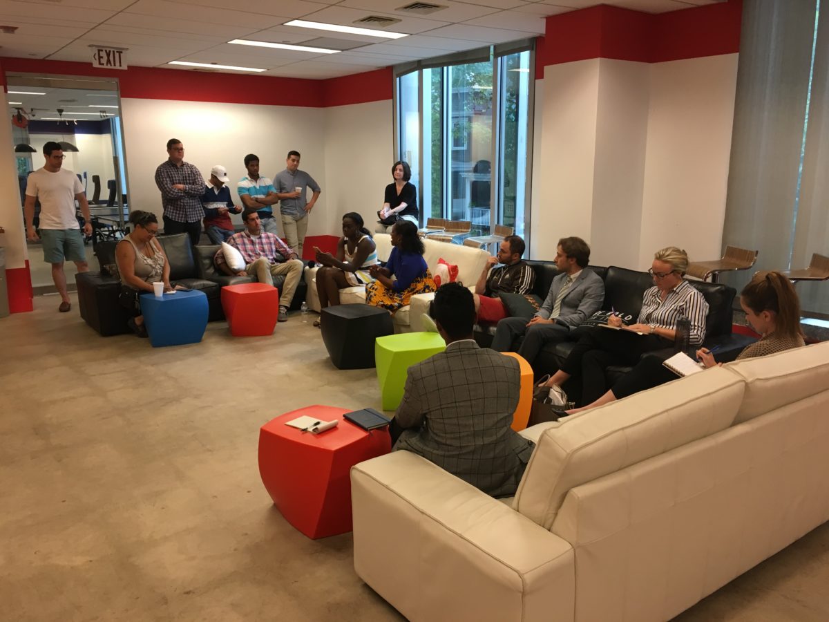 Technical.ly Delaware Lead Reporter Holly Quinn (far left, seated) at the first meeting of "Pitch the Press."