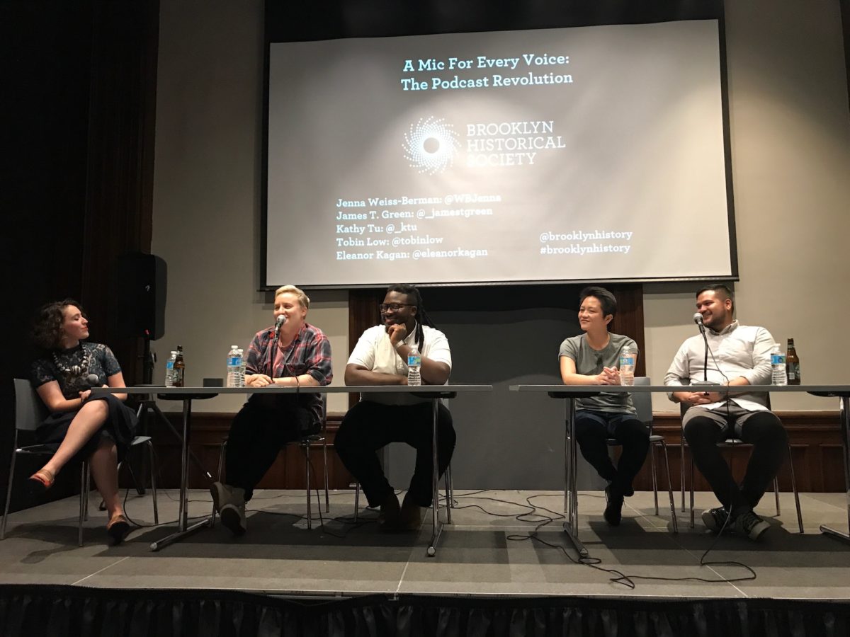 Eleanor Kagan, Jenna Weiss-Berman, James T. Green, Kathy Tu and Tobin Low talk podcasting.