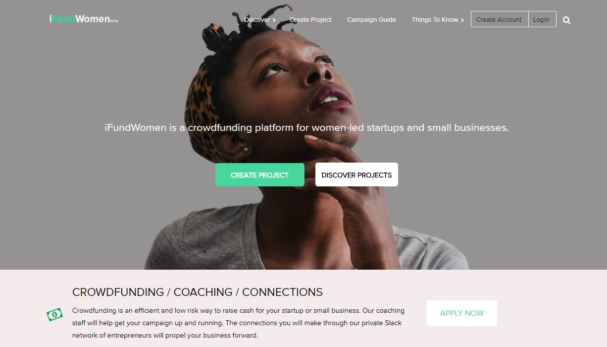 A screenshot of iFundWomen's website, featuring a closeup of a woman of color.