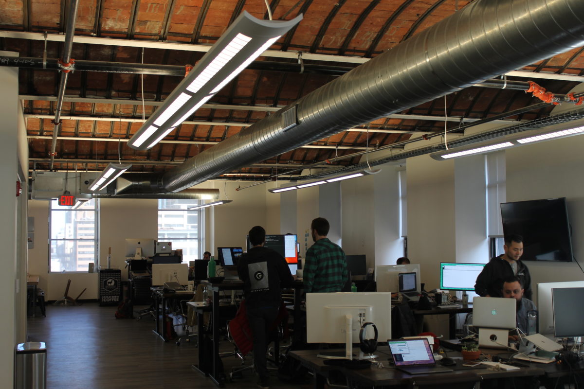An open-floor-plan office.