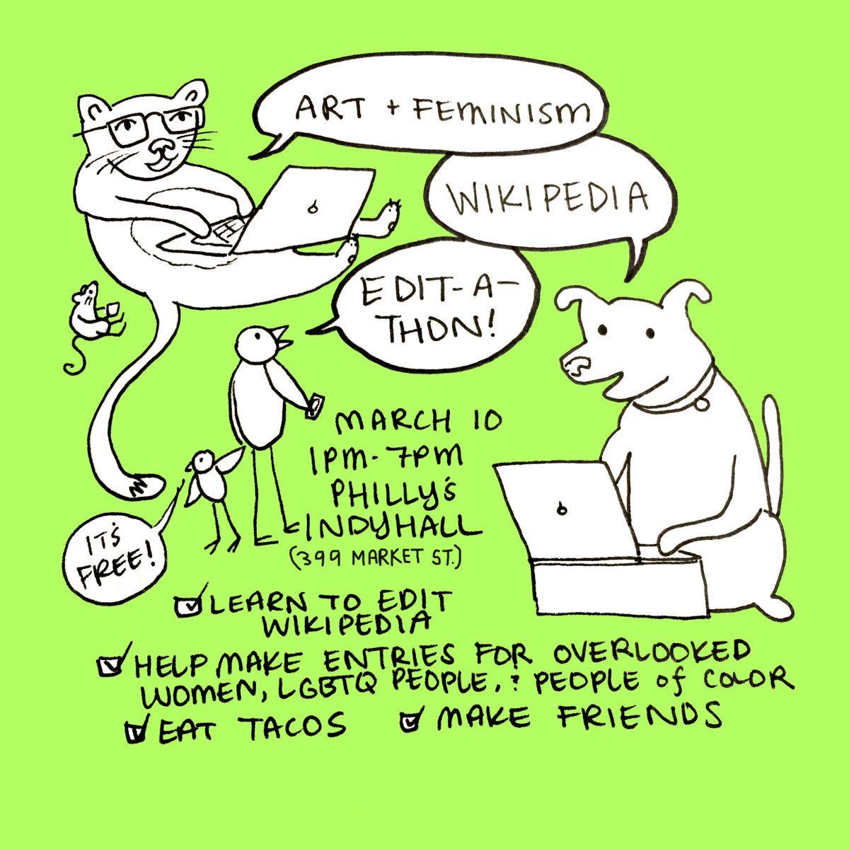An illustration featuring kittens, dogs and birds editing Wikipedia entries.