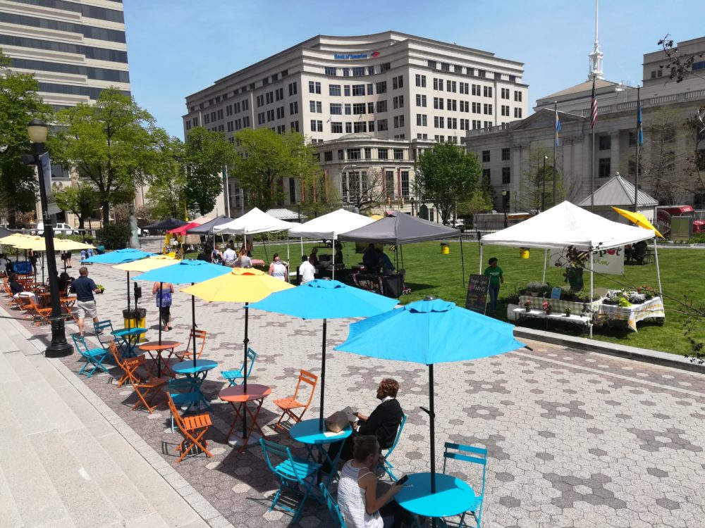 Colorful picnic umbrellas in Rodney Square.