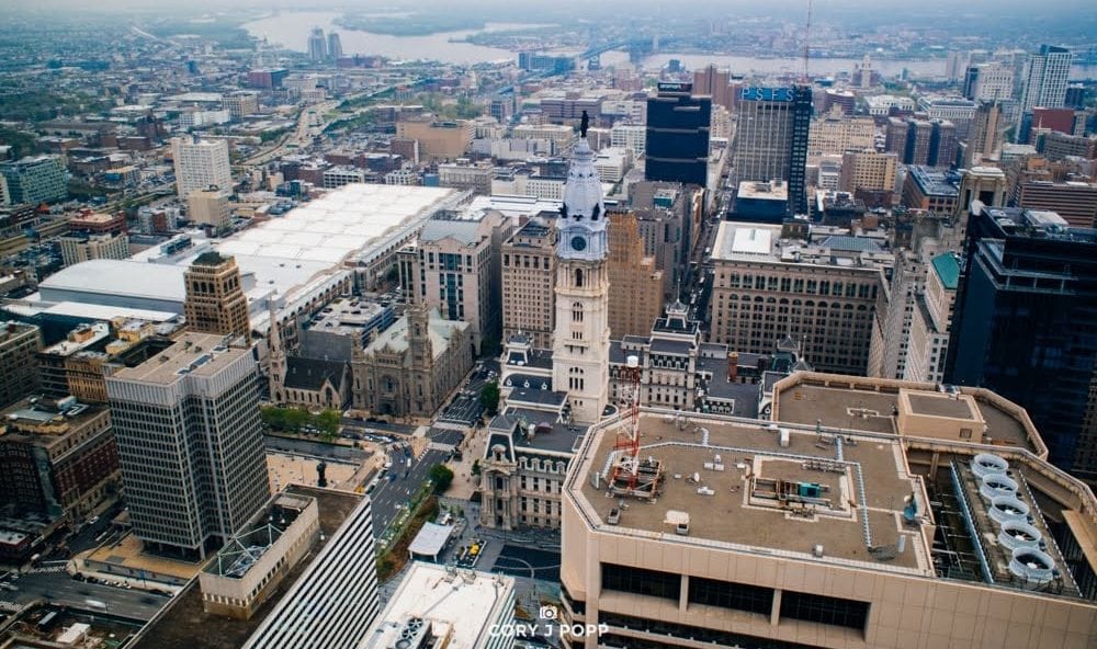 Aerial view of street amidst buildings in Philadelphia