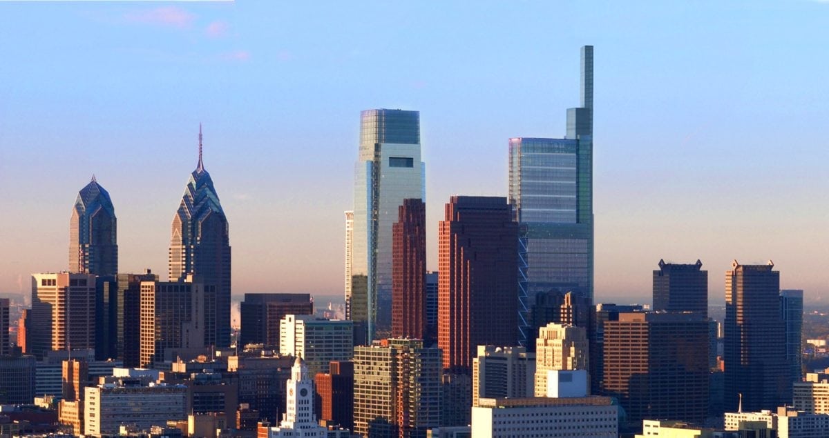 An aerial shot of the Philadelphia skyline, with Comcast's two main buildings in the center.
