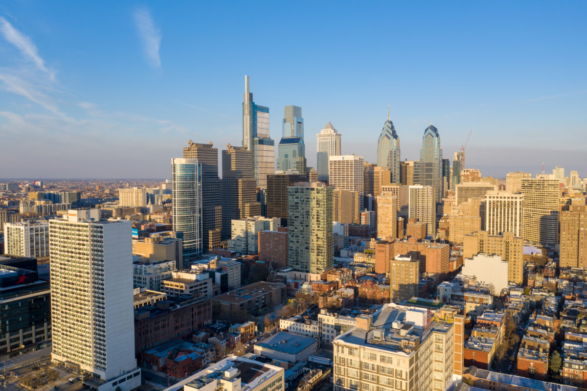 An aerial view of Philadelphia on a clear, sunny day.