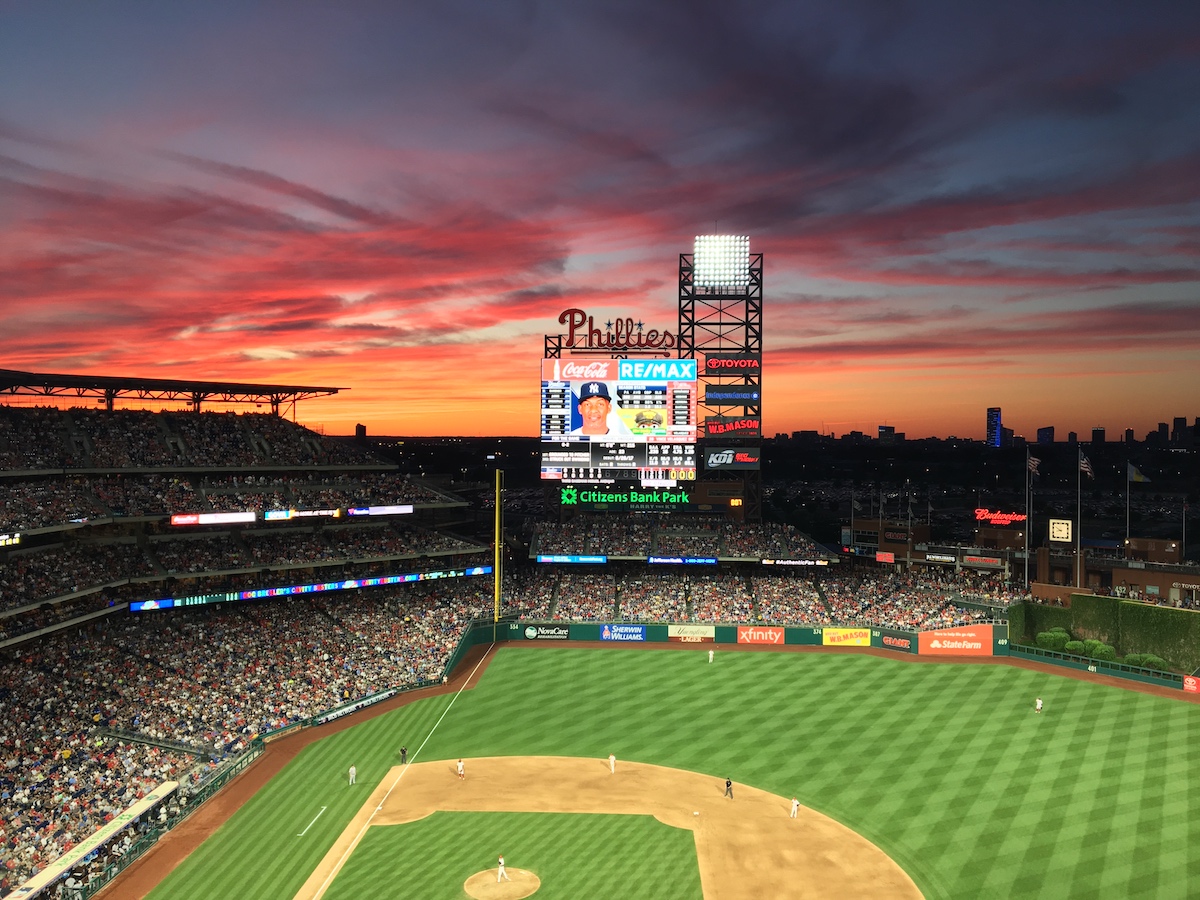 baseball stadium at dusk