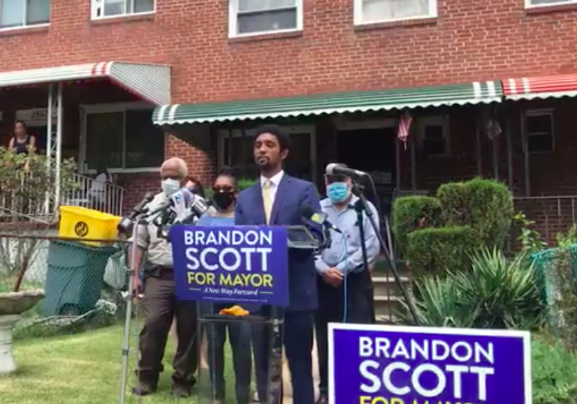 Brandon Scott speaks in Park Heights on Wednesday after winning the Democratic mayoral primary.