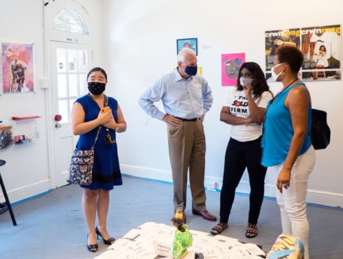 Mayor Mike Purzycki visits the Pendulum Swing exhibit at The Sold Firm.