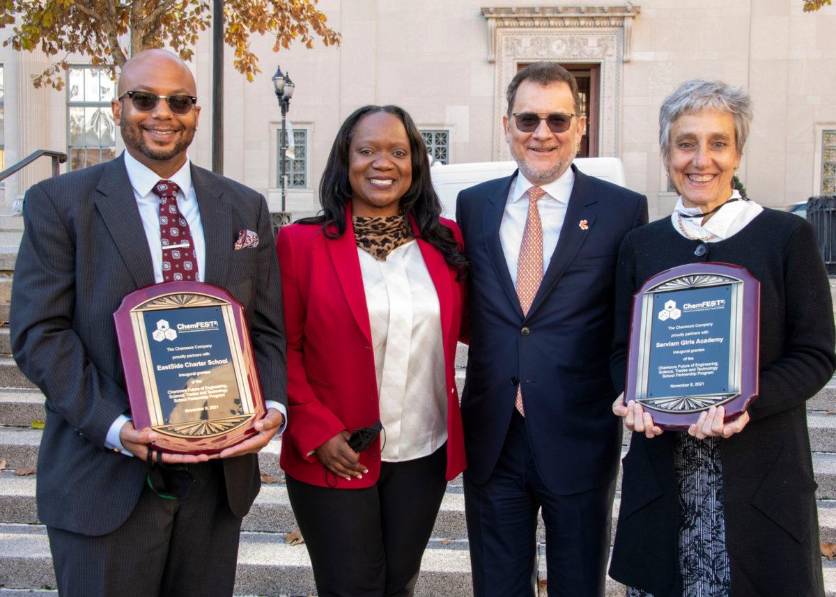 Eastside Charter's Aaron Bass, Chemours' Alvenia Scarborough and Mark Newman, and Serviam cofounder Peggy Prevoznik Heins