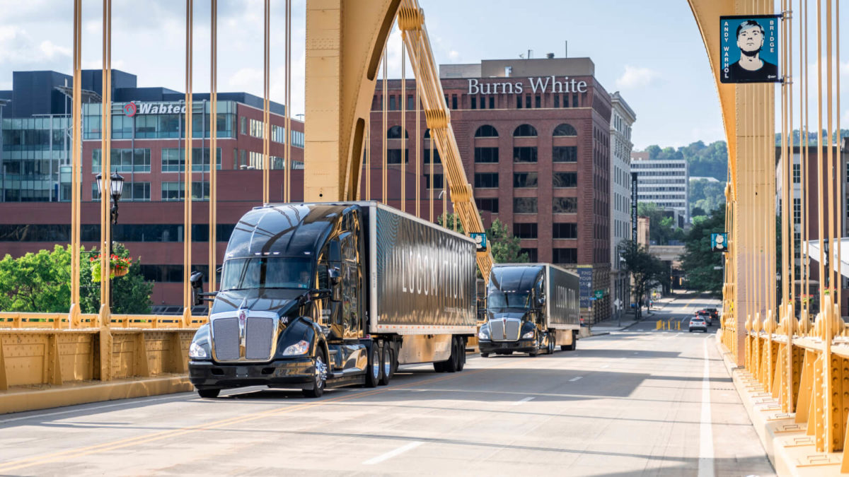 Locomation's two truck convoy operating on Pittsburgh streets.