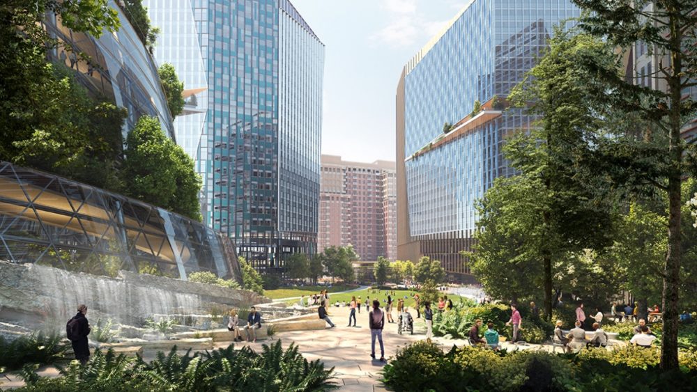 Rendering of glass buildings and green trees