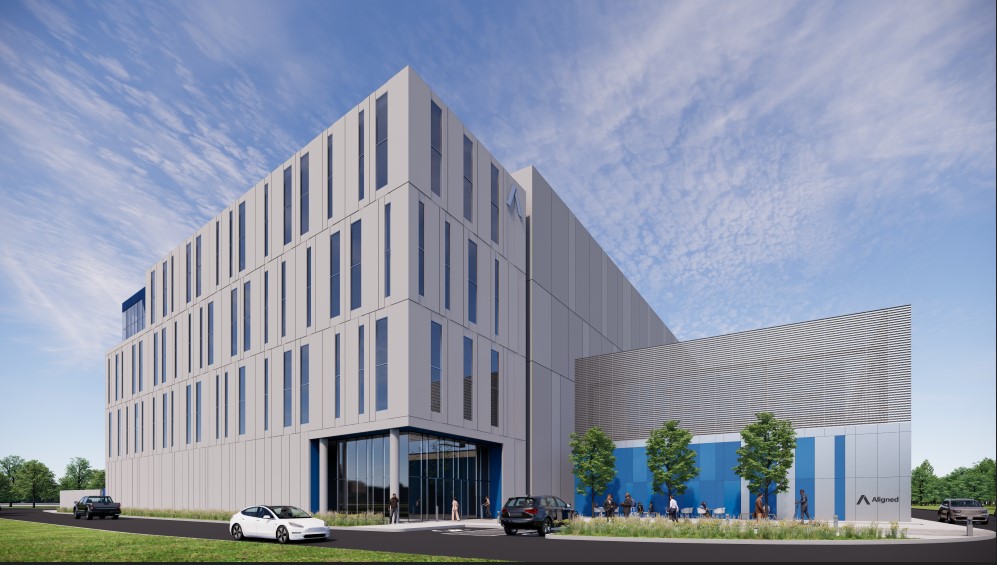 A rendering of the new data center, which will be a multi-story white building with slender windows.