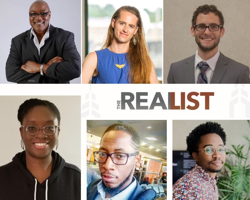 Headshots of six people against multicolored backgrounds