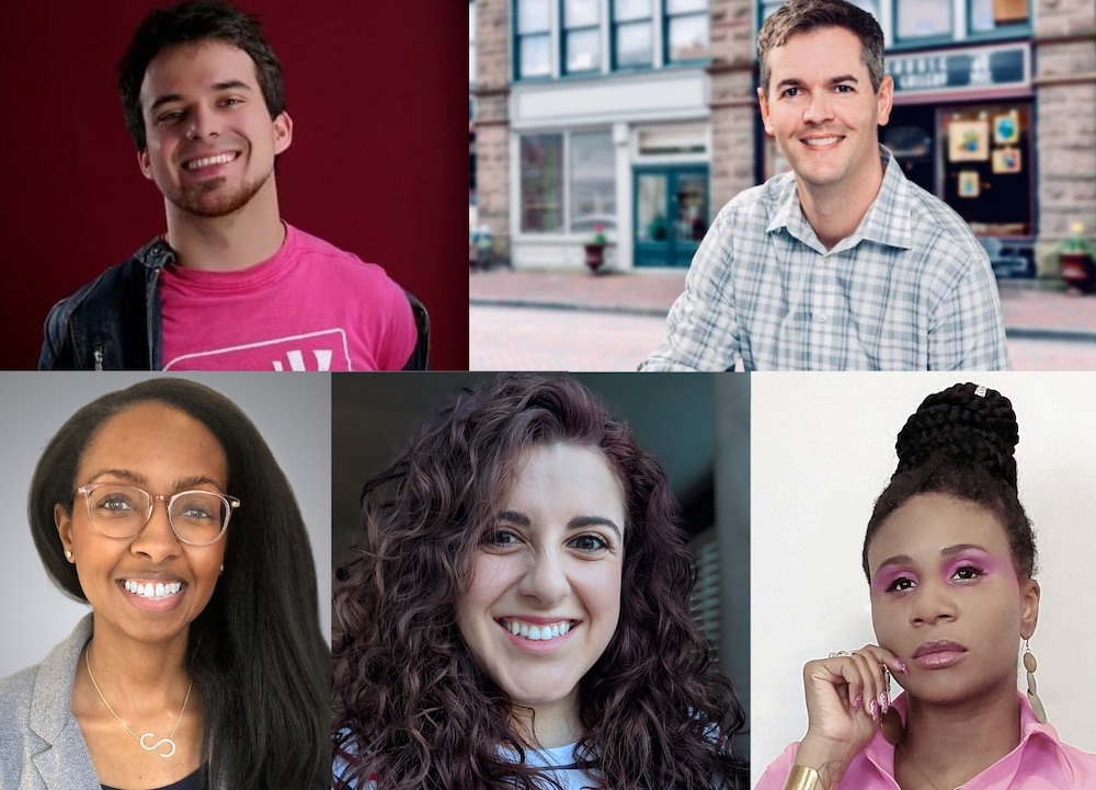 Five composite photos of people in pink, grey, blue and grey clothes