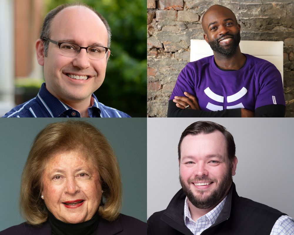 Four people in rectangular image in black, blue, white and purple clothing