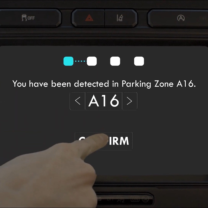 A hand pointing at a car dashboard screen indicating detection in Parking Zone A16, with the text "Confirm" below.